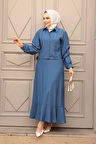 Düğmeli İndigo Mavisi Tesettür Etekli İkili Takım 44741IM