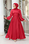  Balon Kol Kırmızı Saten Tesettür Abiye Elbise 61501K