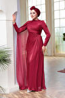Pelerin Detaylı Bordo Tesettür Abiye Elbise 5296BR