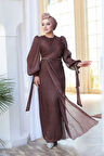 Drape Detaylı Koyu Kahverengi Tesettür Abiye Elbise 50193KKH