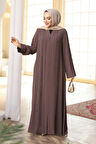 Boncuk İşlemeli Açık Kahverengi Tesettür Ferace 29123AKH