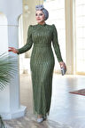 - Boncuk İşlemeli Haki Tesettür Abiye Elbise 4939HK