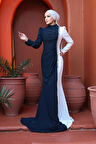 Boncuk Detaylı Lacivert Beyaz Tesettür Abiye Elbise 49651LB