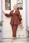 Pile Detaylı Çikolata Tesettür İkili Takım 19031CK