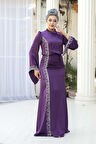 Boncuk Detaylı Mor Tesettür Saten Abiye Elbise 53361MOR