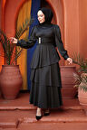 Kat Etekli  Siyah Tesettür Abiye Elbise 62291S