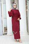 Balon Kol Bordo Tesettür Abiye Elbise 62251BR