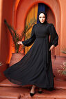 Bağlama Detaylı Siyah Tesettür Abiye Elbise 62261S