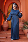Balon Kol Lacivert Tesettür Abiye Elbise 62312L