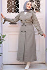 Tokalı Kemerli Açık Haki Tesettür Trençkot 26413AHK
