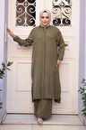 Düğmeli Haki Tesettür Üçlü Takım 76591HK