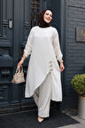 Asimetrik Detaylı Ekru Tesettür İkili Takım 7656E