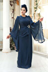 Volan Kollu Lacivert Tesettür Abiye Elbise 5322L