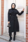 Kemerli Siyah Tesettür Trençkot 62481S