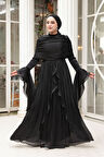  Fırfır Detaylı Siyah Tesettür Abiye Elbise 53981S