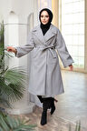 Kemerli Gri Tesettür Kaşe Kaban 61631GR
