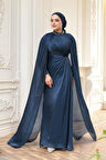  Pelerinli Lacivert Tesettür Abiye Elbise 54391L