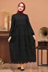 Kol Ucu Lastikli Siyah Tesettür Elbise 1073S