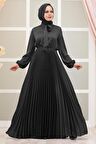Pliseli Siyah Tesettür Abiye Elbise 3031S