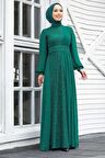 Tesettür Abiye Elbise - Pul Payetli Yeşil Tesettür Abiye Elbise 5408Y