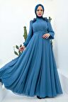 Çiçek Detaylı Mavi Tesettür Abiye Elbise 22232M
