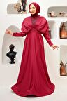 Boncuk İşlemeli Bordo Tesettür Abiye Elbise 22451BR