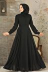 Düğme Detaylı Siyah Tesettür Elbise 2703S