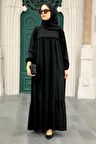 Fırfır Detaylı Siyah Tesettür Elbise 7681S