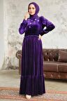 Neva Style - Çiçek Detaylı Mor Tesettür Kadife Elbise 3713MOR
