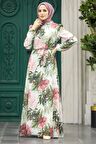 Çiçek Desenli Ekru Tesettür Elbise 27932E