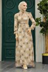 Desenli Bej Tesettür Elbise 27945BEJ