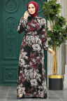 Çiçek Desenli Siyah Tesettür Elbise 279318S
