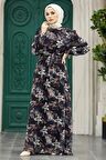 Çiçek Desenli Siyah Tesettür Elbise 29710S
