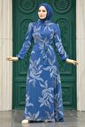 Yaprak Desenli İndigo Mavisi Tesettür Elbise 279310IM