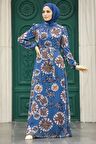 Çiçek Desenli İndigo Mavisi Tesettür Elbise 279320IM