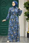 Çiçek Desenli İndigo Mavisi Tesettür Elbise 279327IM
