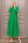 - Kol Ucu Lastikli Yeşil Tesettür Elbise 1073Y