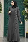 Boncuk İşlemeli Füme Tesettür Ferace 61358FU