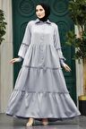 Kat Piliseli Gri Tesettür Elbise 5884GR