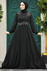 Boncuk Detaylı Siyah Tesettür Abiye Elbise 22113S
