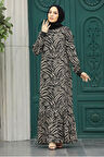 Yaprak Desenli Bej Tesettür Elbise 22970BEJ