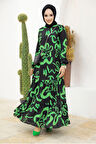Desenli Yeşil Tesettür Elbise 12437Y