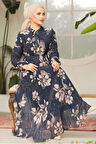 Çiçek Desenli Lacivert Tesettür Elbise 50355L