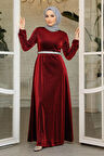 Simli Bordo Tesettür Abiye Elbise 42541BR