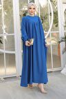 Drape Detaylı İndigo Mavisi Tesettür Elbise 23211IM