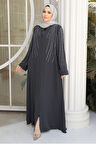 Boncuk İşlemeli Füme Tesettür Abaya 29111FU