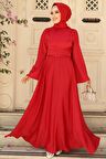 Kırmızı Tesettür Saten Abiye Elbise 6105K