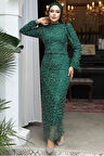 Boncuk İşlemeli Zümrüt Yeşili Tesettür Abiye Elbise 52056ZY