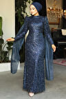 Payetli Lacivert Tesettür Abiye Elbise 52241L