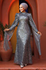 Payetli Gri Tesettür Abiye Elbise 52241GR